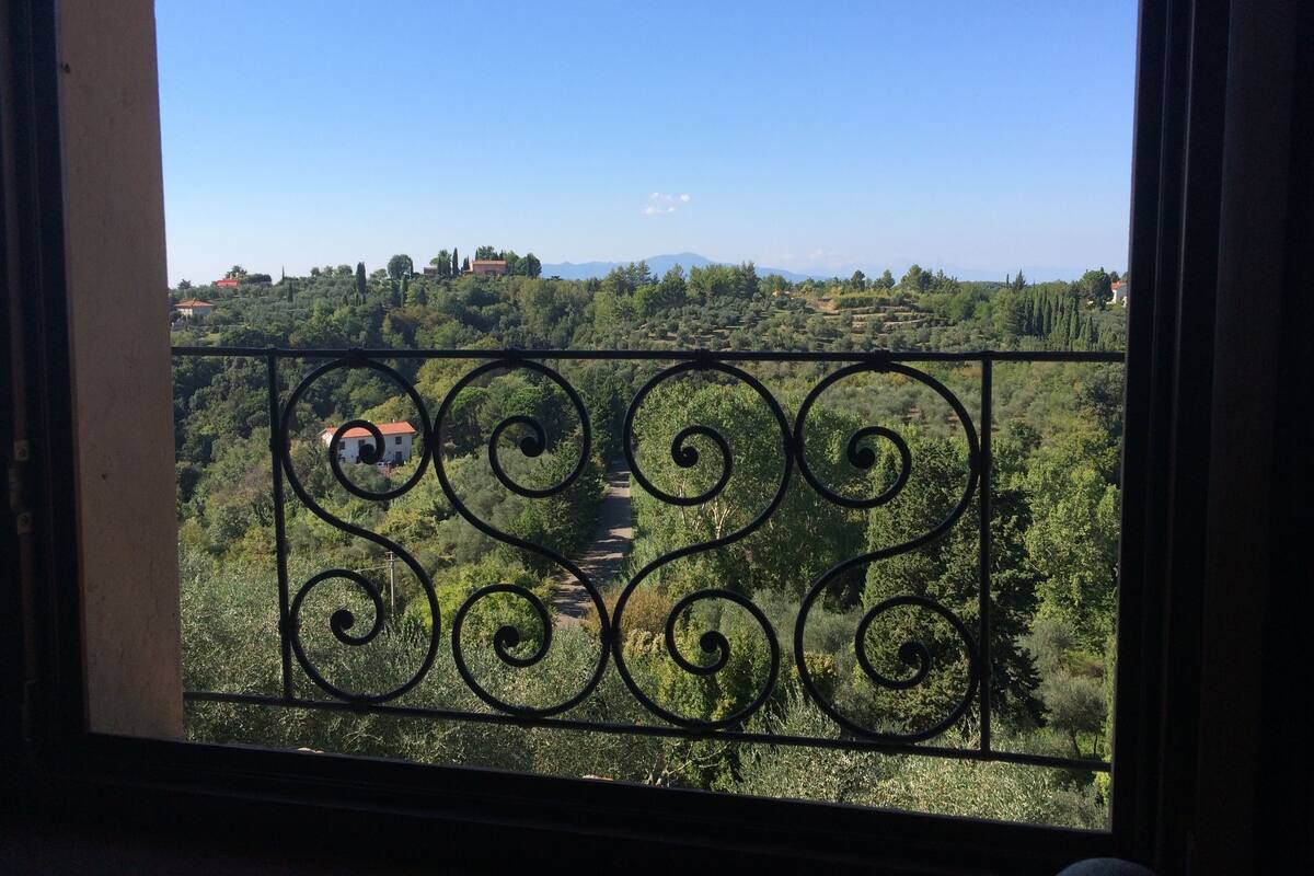A balcony with a wrought iron railing overlooking a lush landscape with trees and distant buildings.