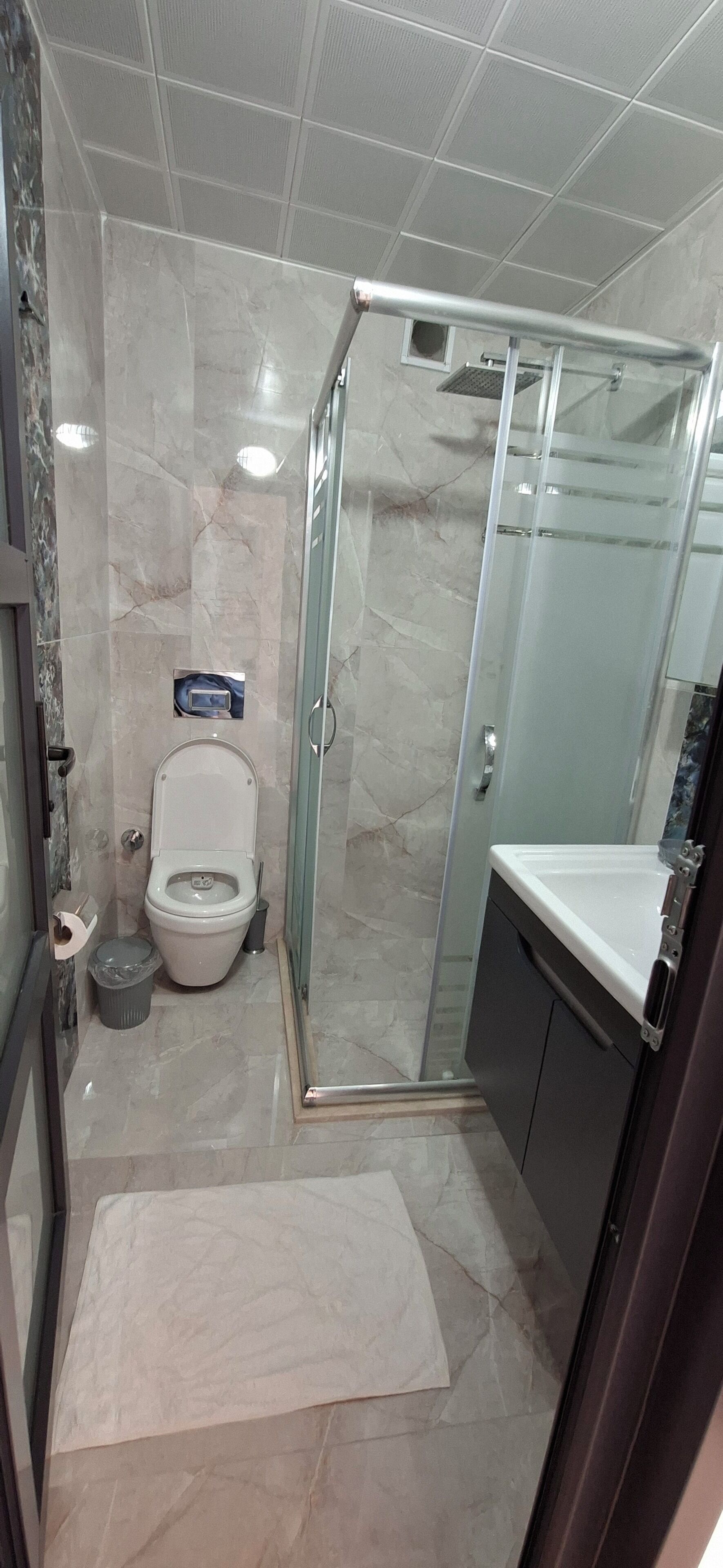A bathroom with a toilet, a glass shower enclosure, and a sink.