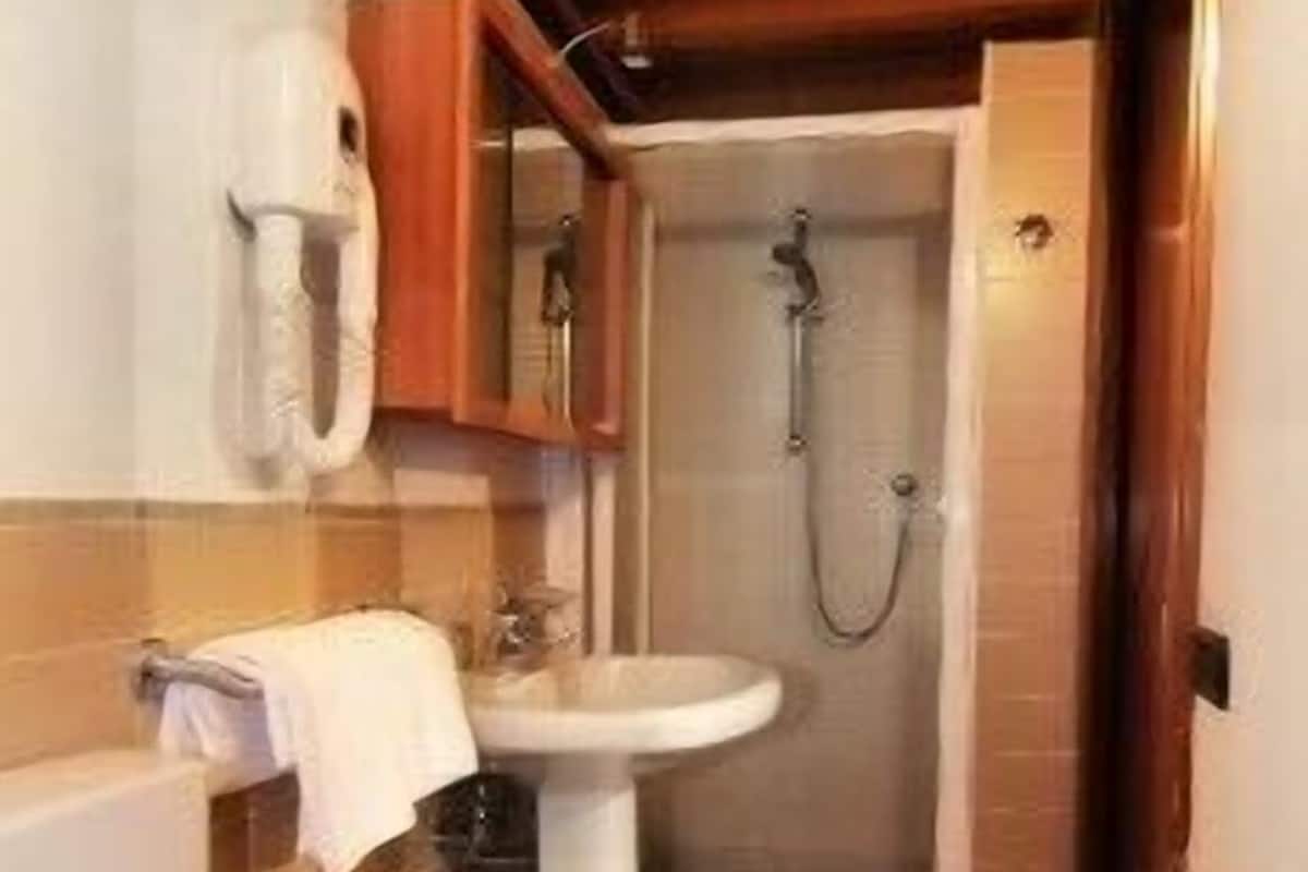 A compact bathroom with a toilet, bidet, and shower.