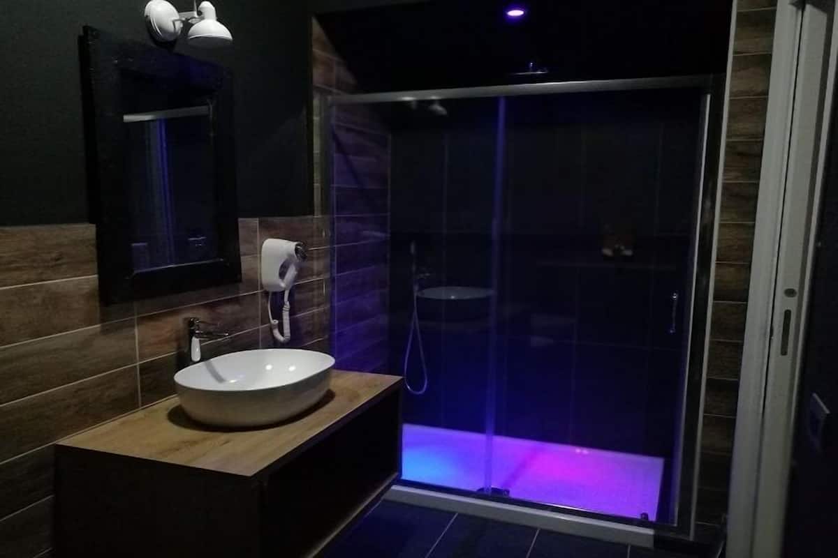 A modern bathroom with a large sink, a mirror, and a shower enclosure.