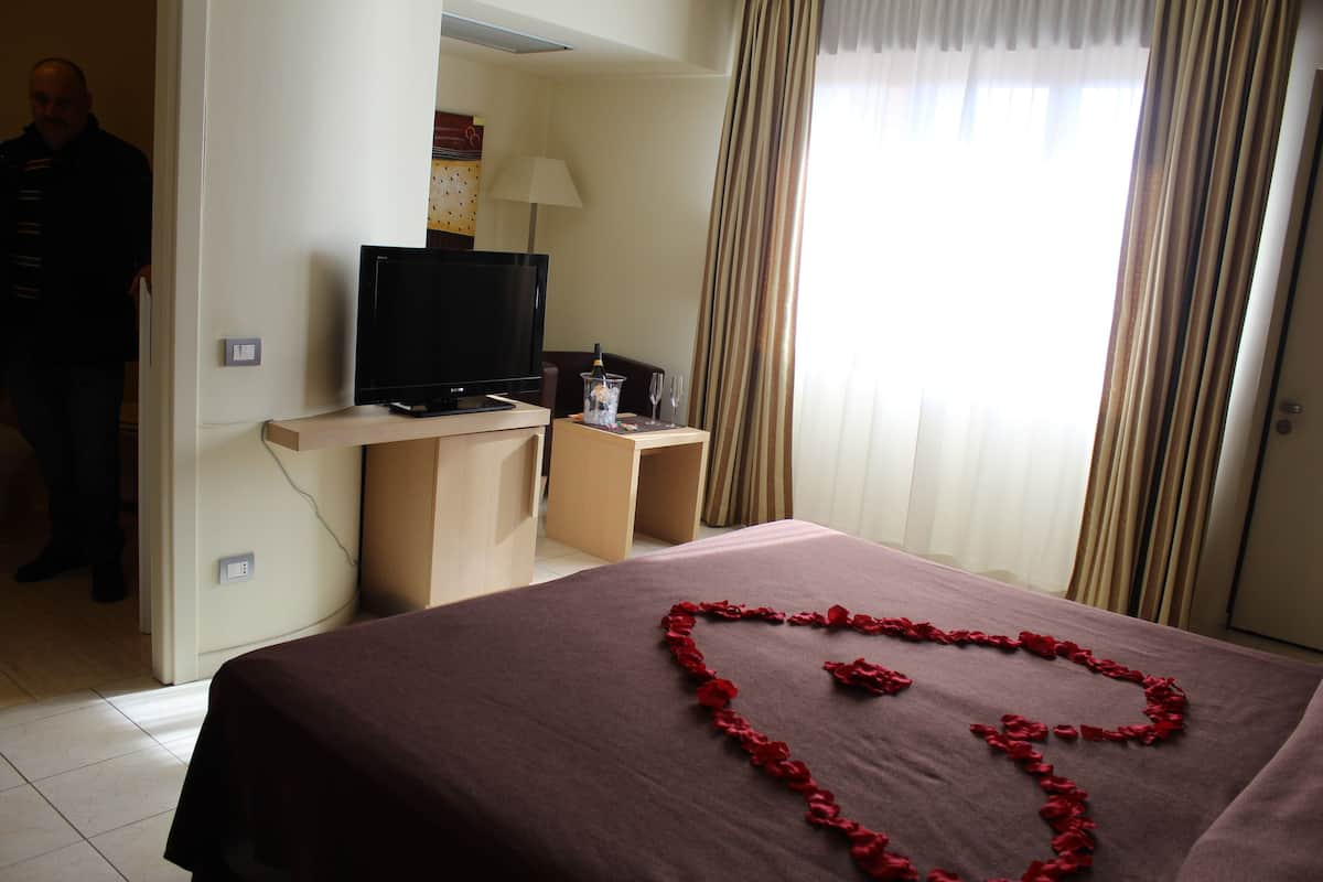 Habitación de hotel con cama, televisión sobre un mueble bajo, una mesita con una botella y vasos, y una puerta con una persona parada afuera.