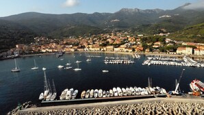 A coastal town with a marina filled with boats, surrounded by mountains and residential buildings. - Isola Verde (Marciana Marina)