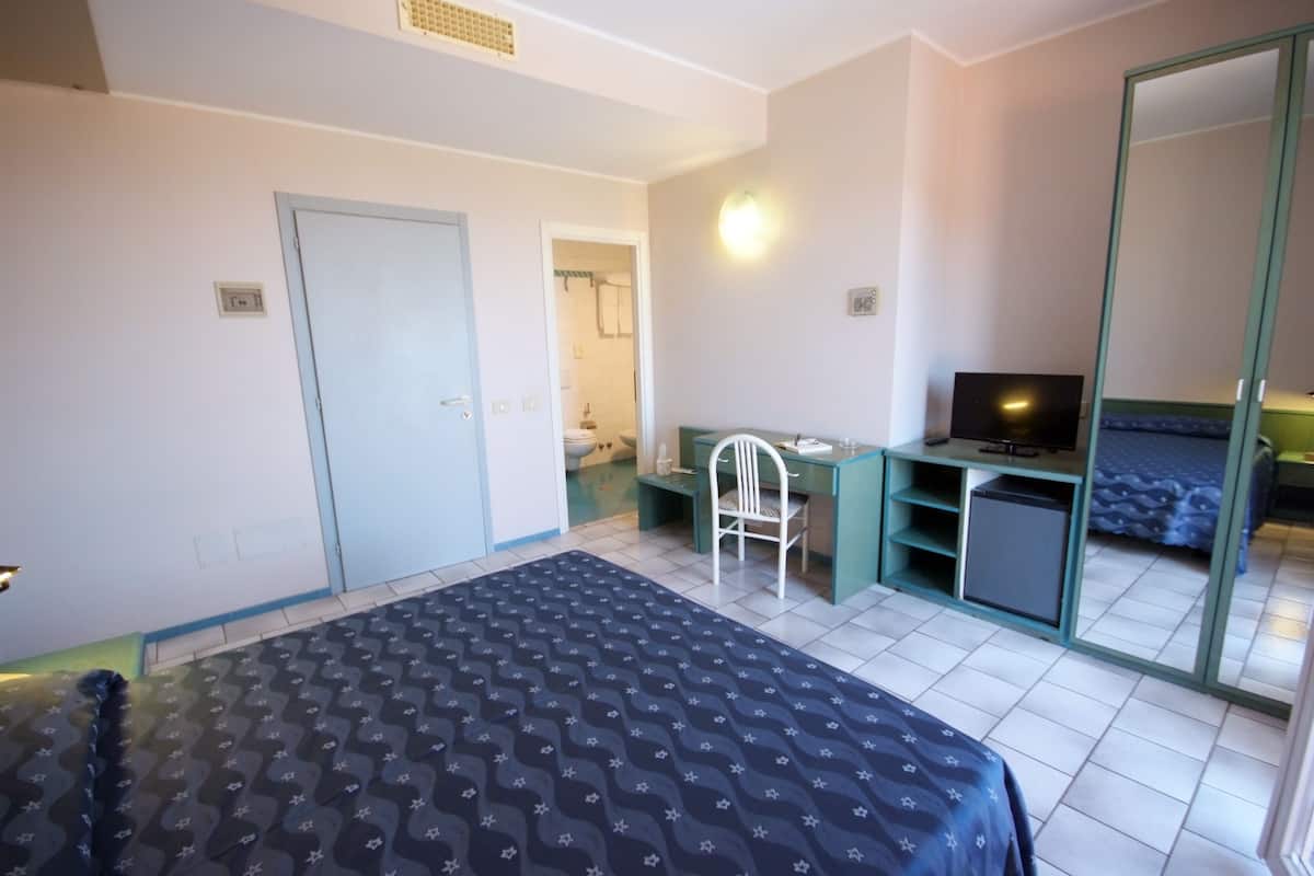 A bedroom with a bed, a desk, a chair, a television, and a wardrobe.