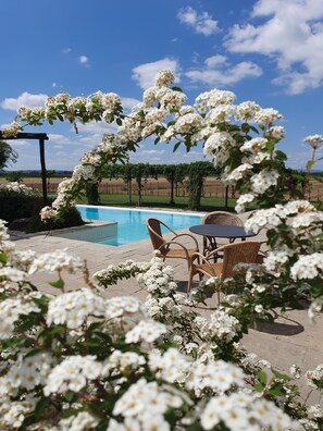 Un espace piscine agrémenté d’une pergola, de meubles en osier et de plantes à fleurs blanches.