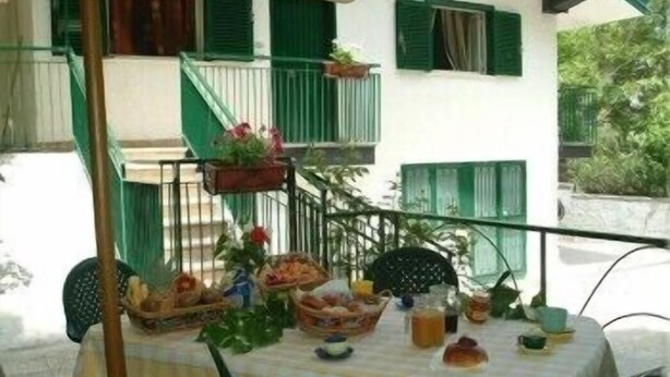 Mesa lista al aire libre con mantel, diferentes alimentos y una maceta colgante con flores.