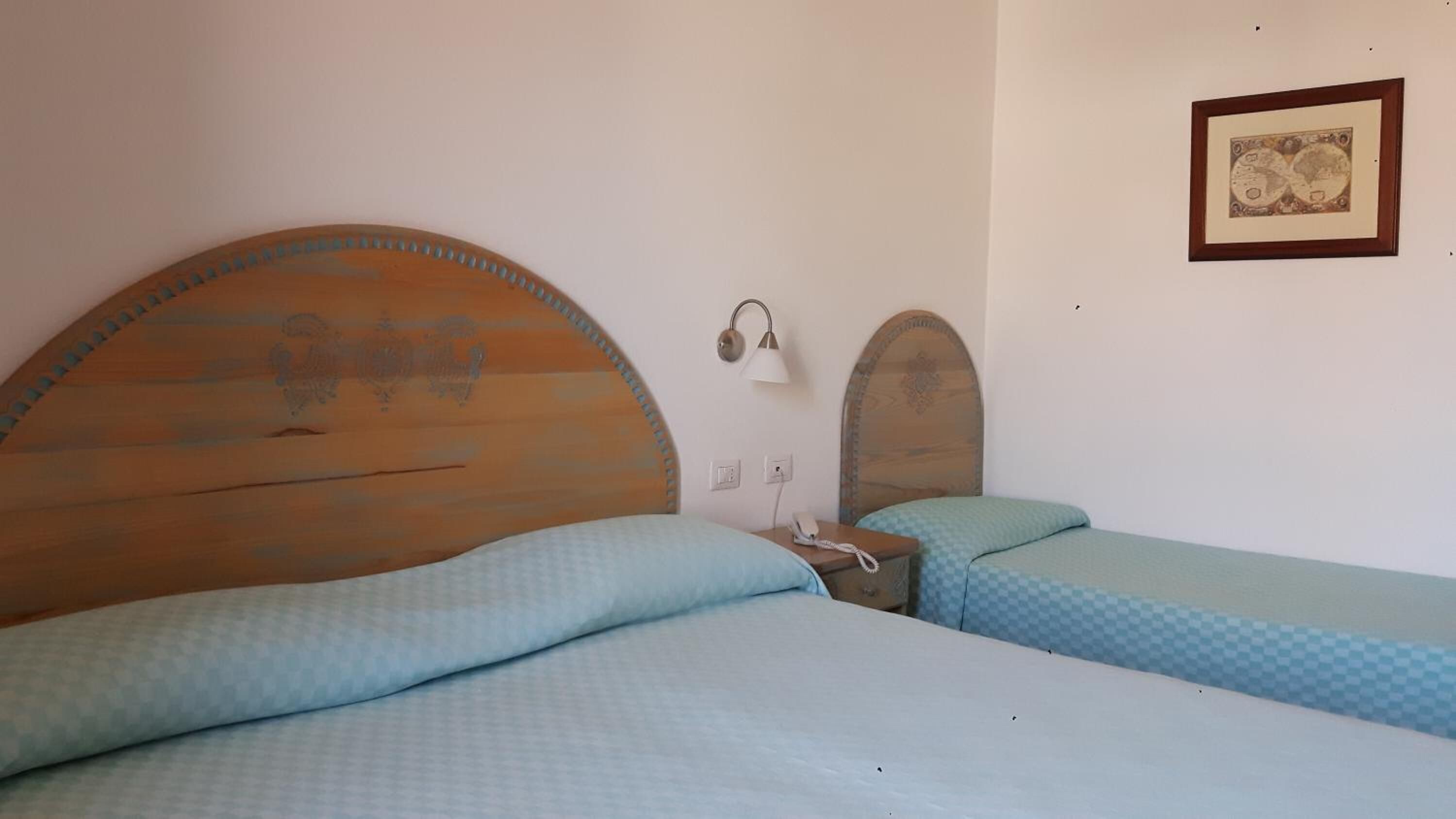 A room with two beds, each with a wooden headboard and a checkered blue bedspread. There is a wall-mounted lamp and a framed picture above the beds.