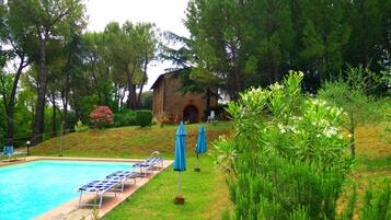 Outdoor pool, pool umbrellas, pool loungers