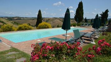 Seasonal outdoor pool, open 8:00 AM to 8:00 PM, pool umbrellas