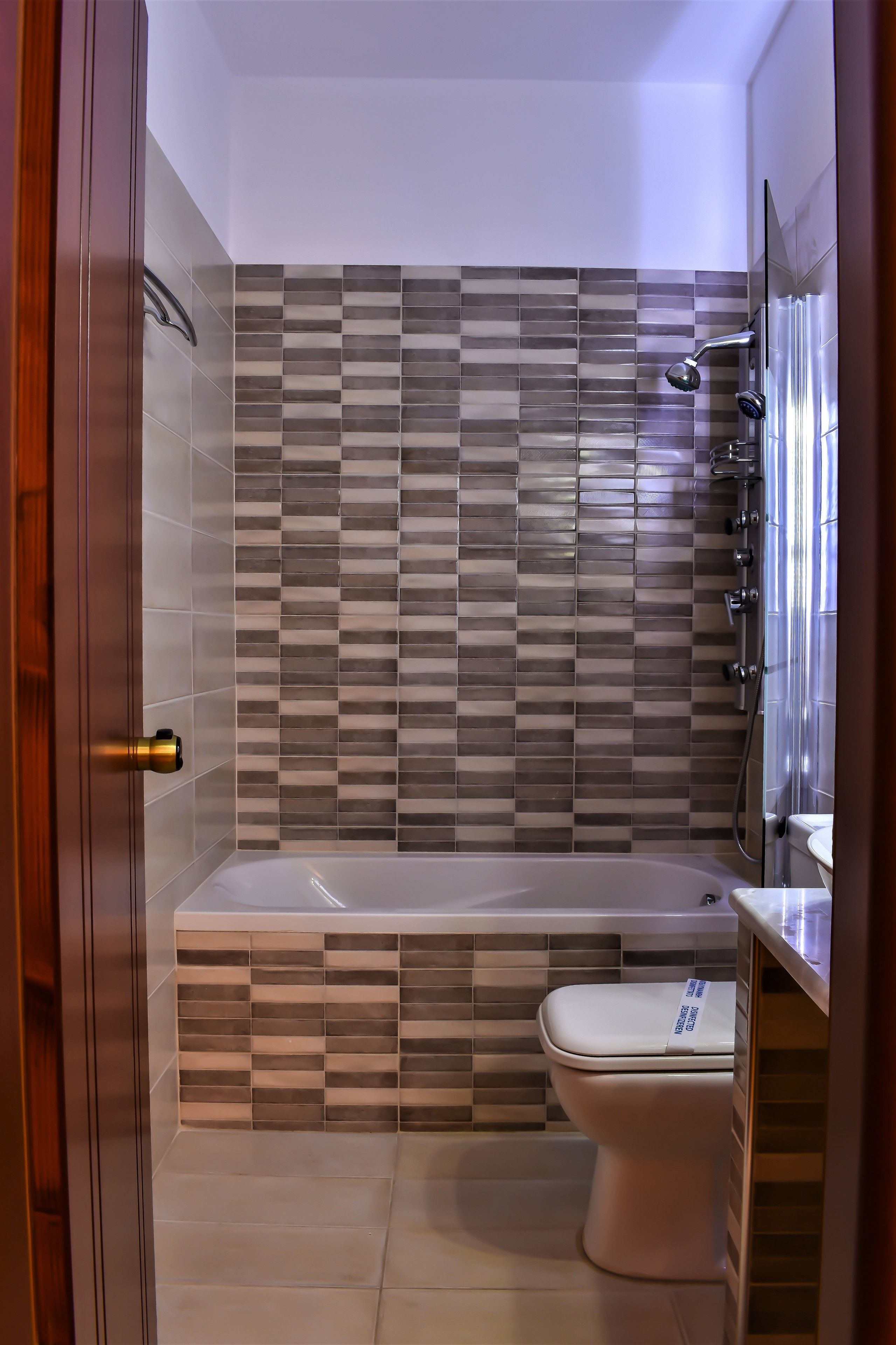 Ein Badezimmer mit Badewanne, Toilette und Duschbereich.