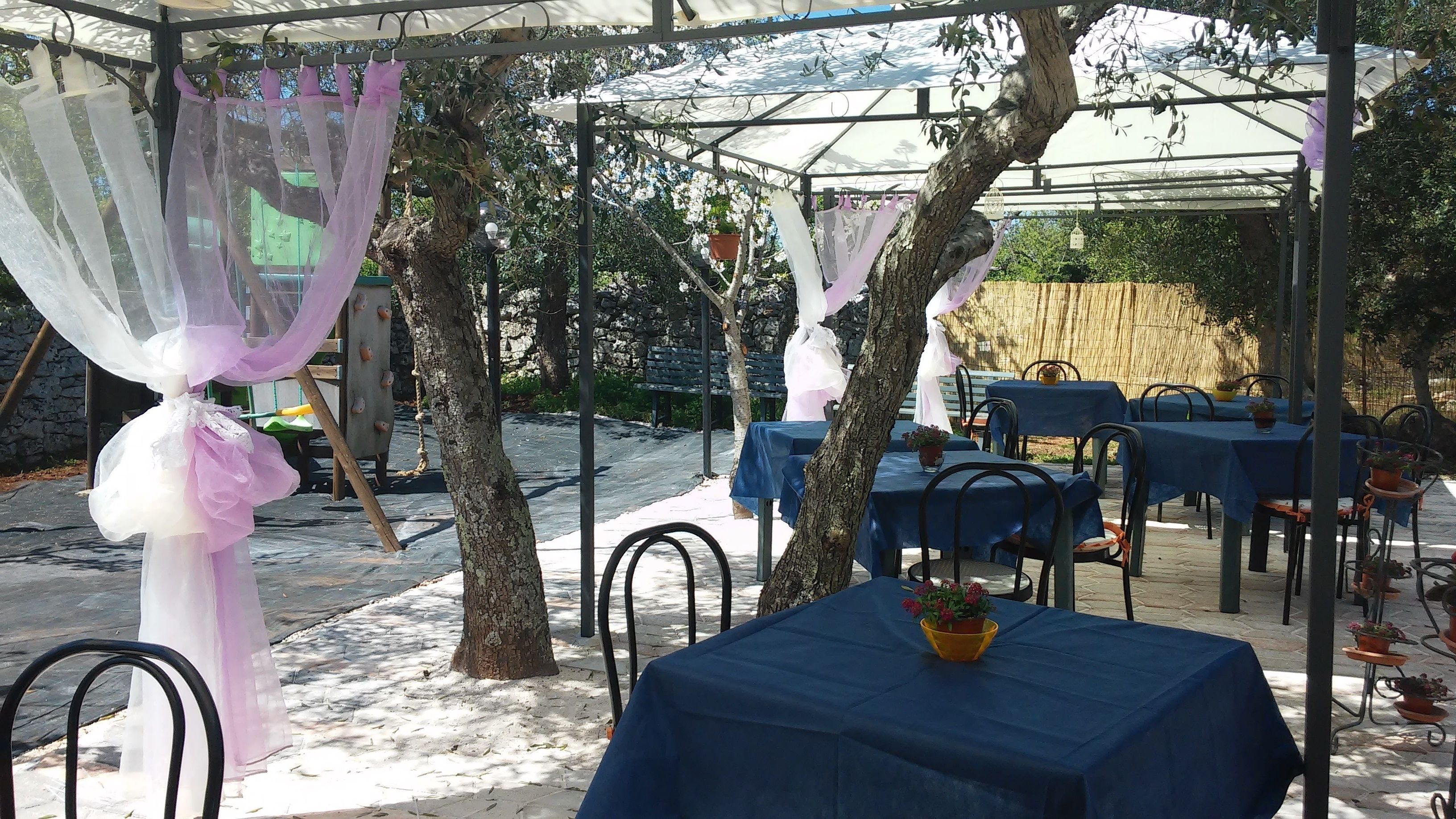 En uteservering med bord täckta av blå dukar, omgiven av träd och en pergola med draperad textil.