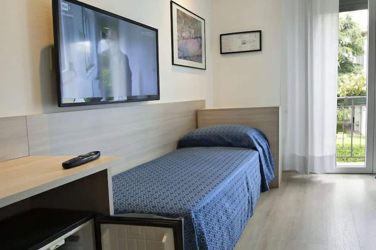 A single bedroom with a bed, a TV mounted on the wall, a small refrigerator, and a window with a view of greenery.