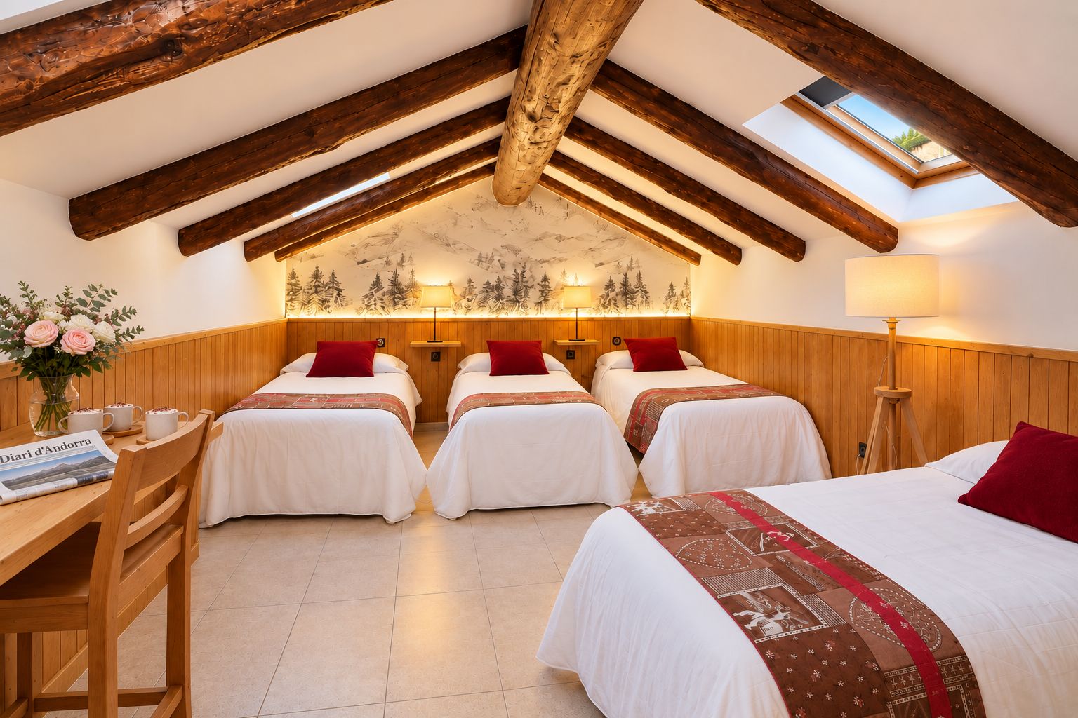 A hotel room with three beds, wooden beams, a skylight, and a mural on the wall.