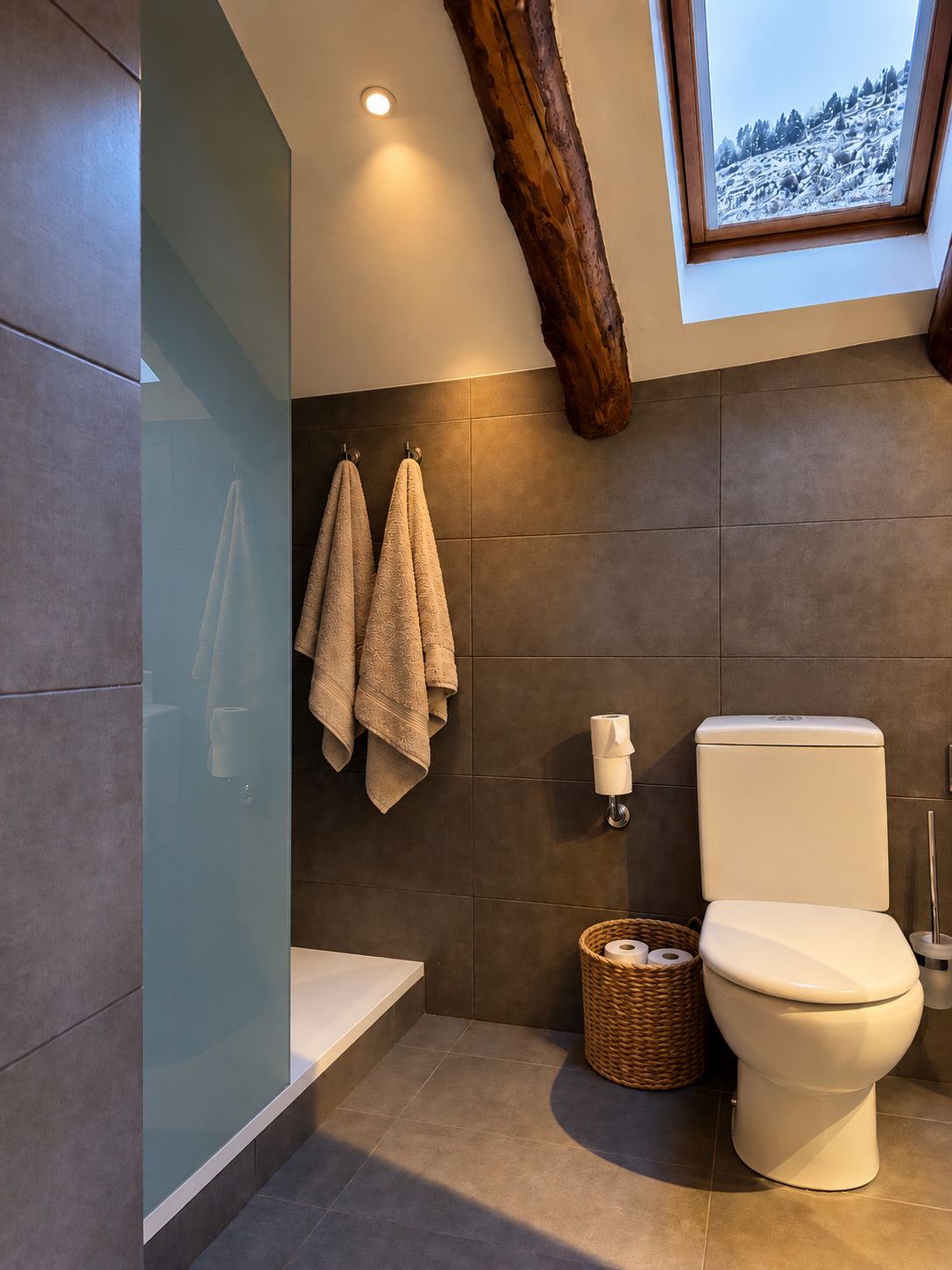 Un baño moderno con inodoro, lavamanos y zona de ducha. Hay una ventana con vistas a un paisaje nevado.