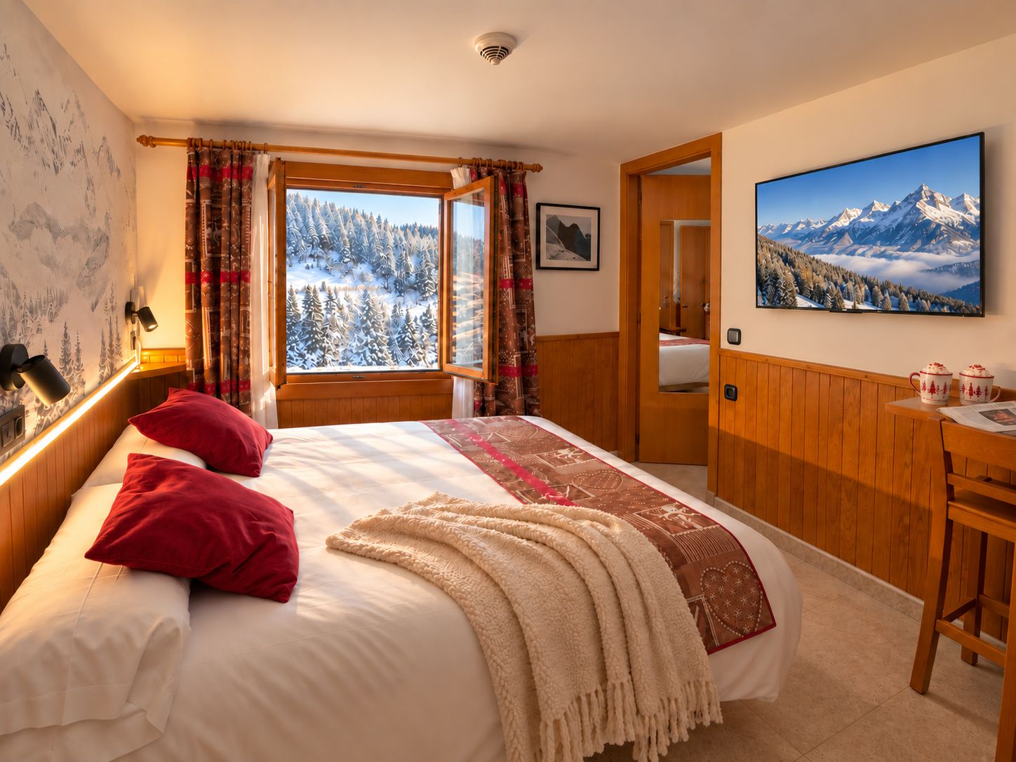 Une chambre avec une grande fenêtre, un lit avec des oreillers rouges, un bureau en bois et un tableau représentant un paysage de montagne.