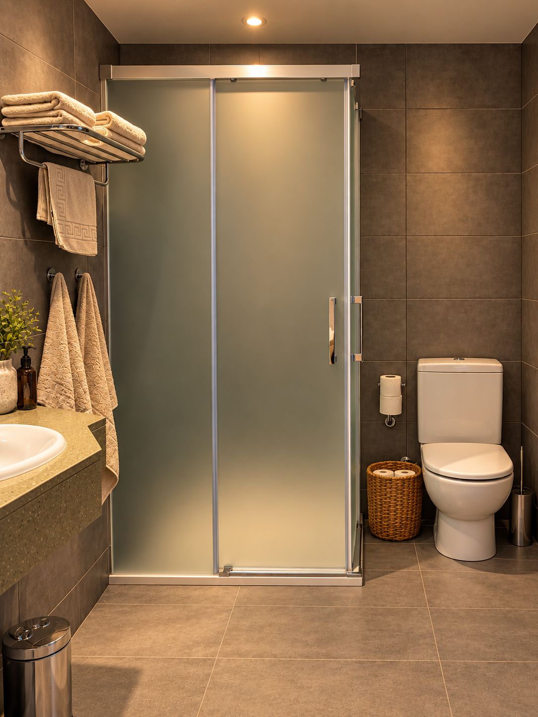 Un baño moderno con ducha acristalada, inodoro, lavabo y un cubo de basura.