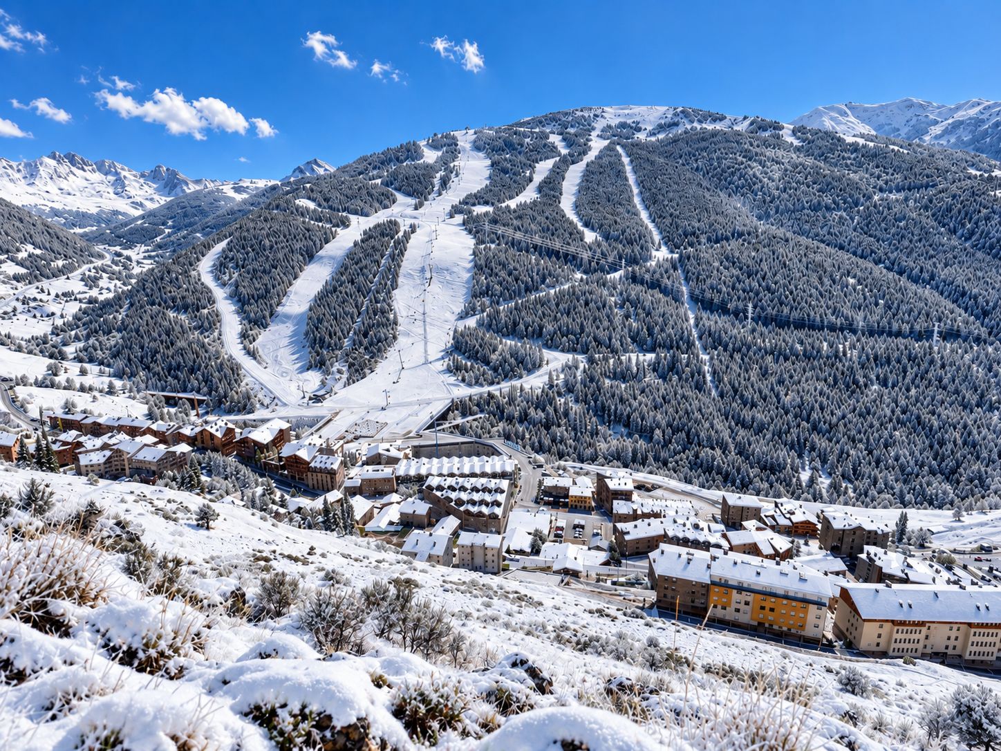 Une montagne enneigée avec des pistes de ski, une ville avec des bâtiments et un ciel bleu dégagé.
