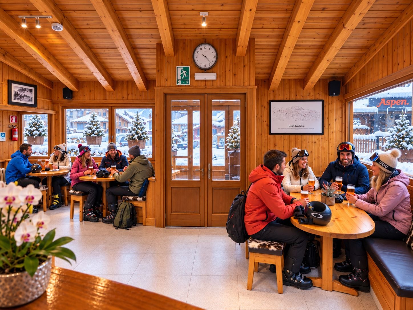 Un interior de madera con mesas, bancos, un reloj y vista a un área nevada al exterior.