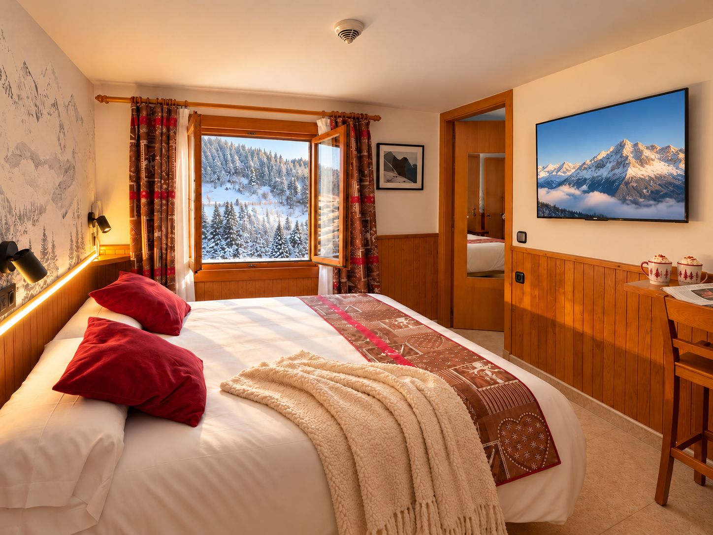 A bedroom with a large bed, a window with a snowy view, a wooden desk, and a painting on the wall.