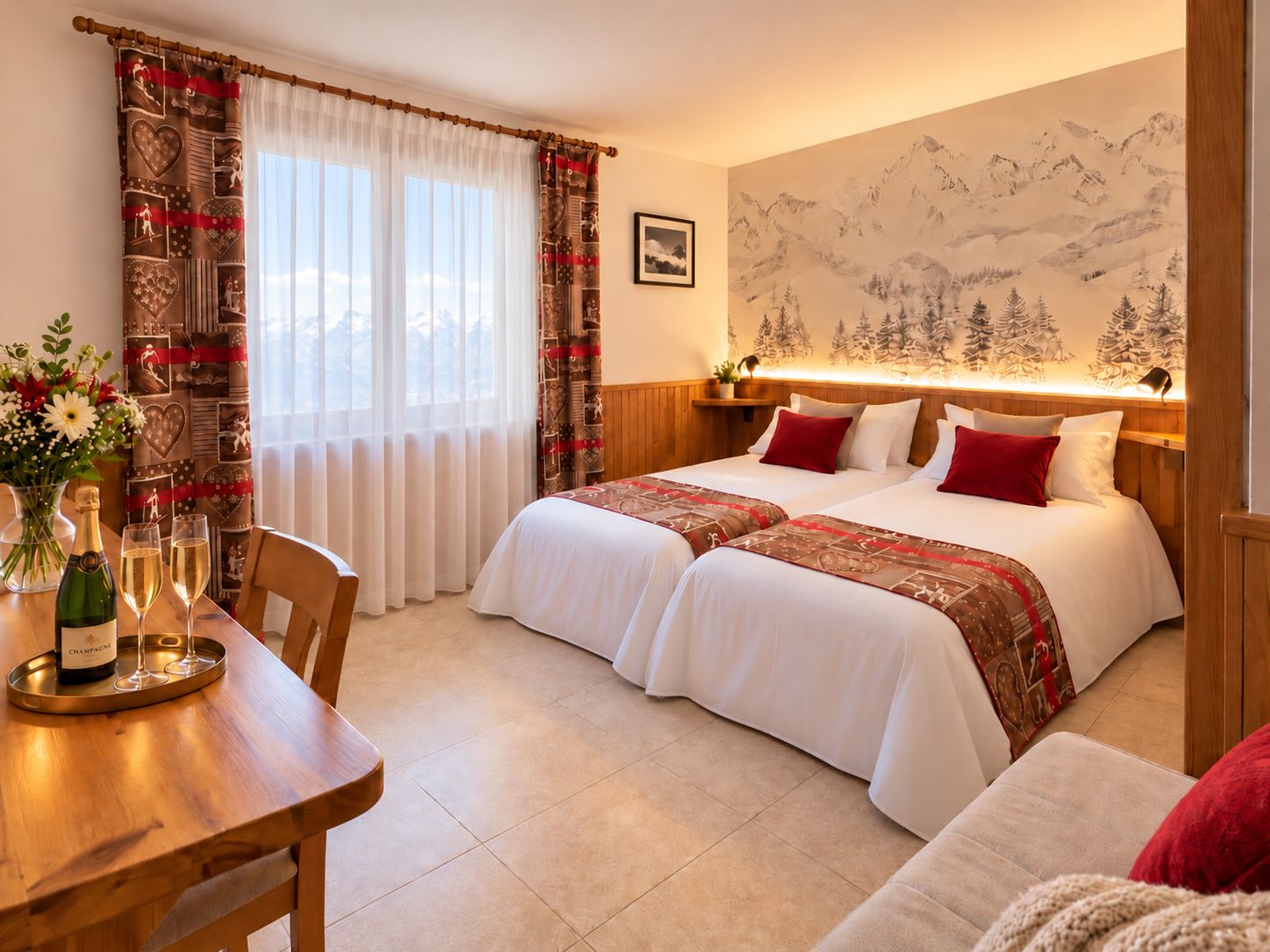 A hotel room with two beds, a dining table with a bottle of champagne, and a wall with a mountain landscape painting.