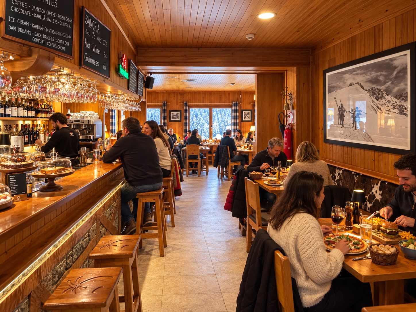 Un restaurante acogedor con interiores de madera, una zona de bar con diversas bebidas y comensales cenando.