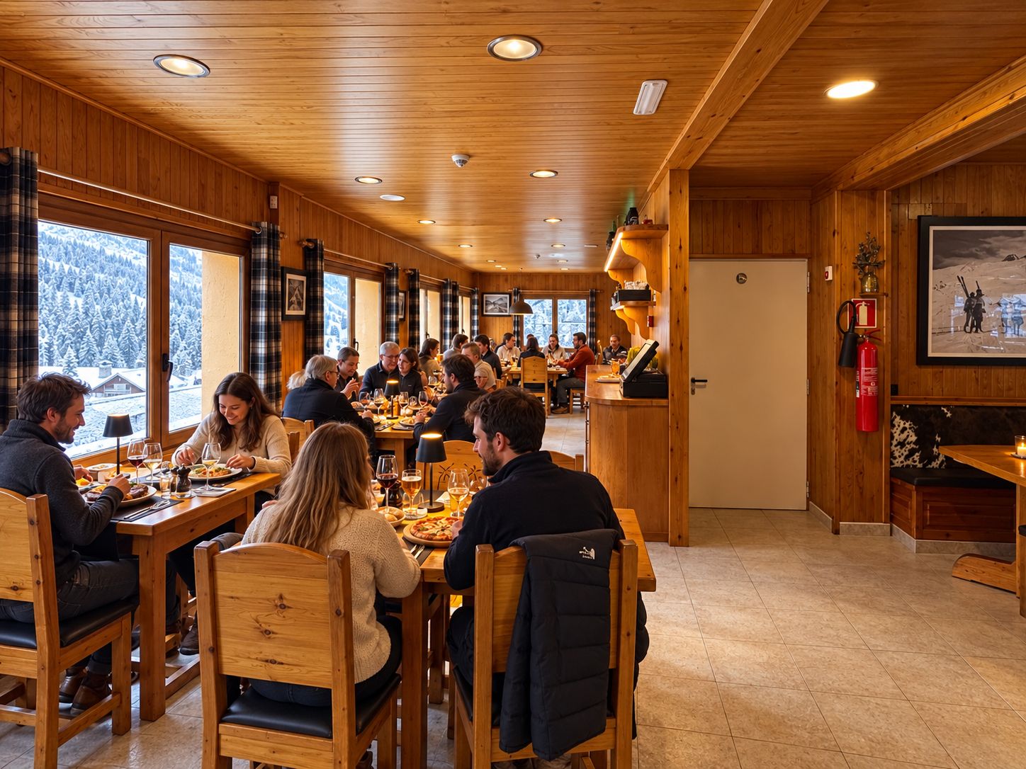 A restaurant with wooden interior, multiple dining tables, and patrons.