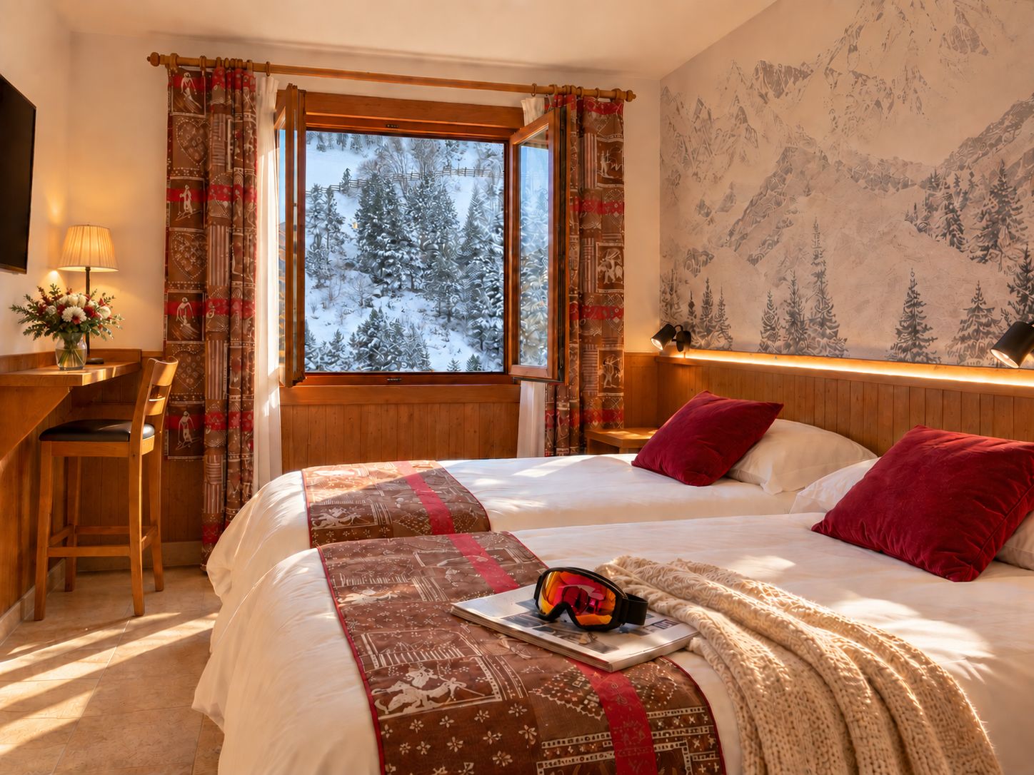 A hotel room with a bed, a desk, and a window with a view of snow-covered trees.
