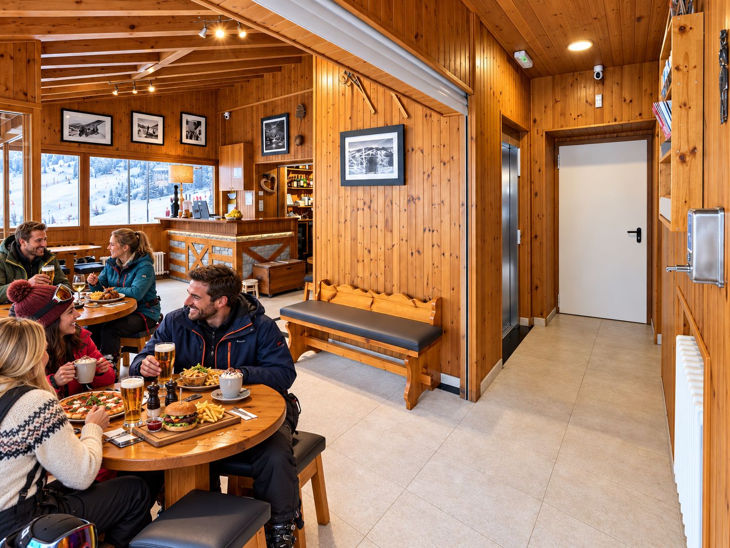 Un intérieur en bois comprenant un coin repas, des bancs et un réfrigérateur.
