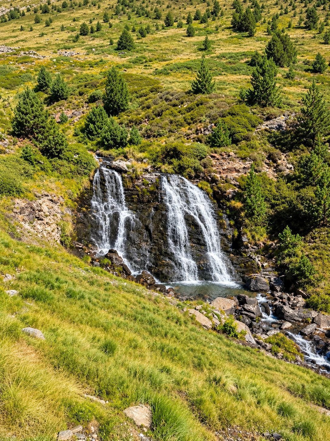 Una cascada fluye sobre rocas en un paisaje cubierto de hierba y árboles.