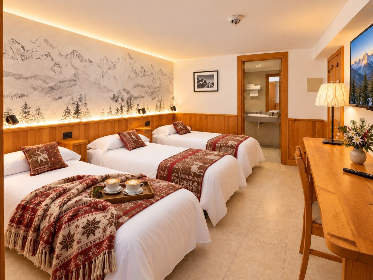 A hotel room with two beds, a wooden headboard, a wall mural, a dining table, and a bathroom visible through an open door.