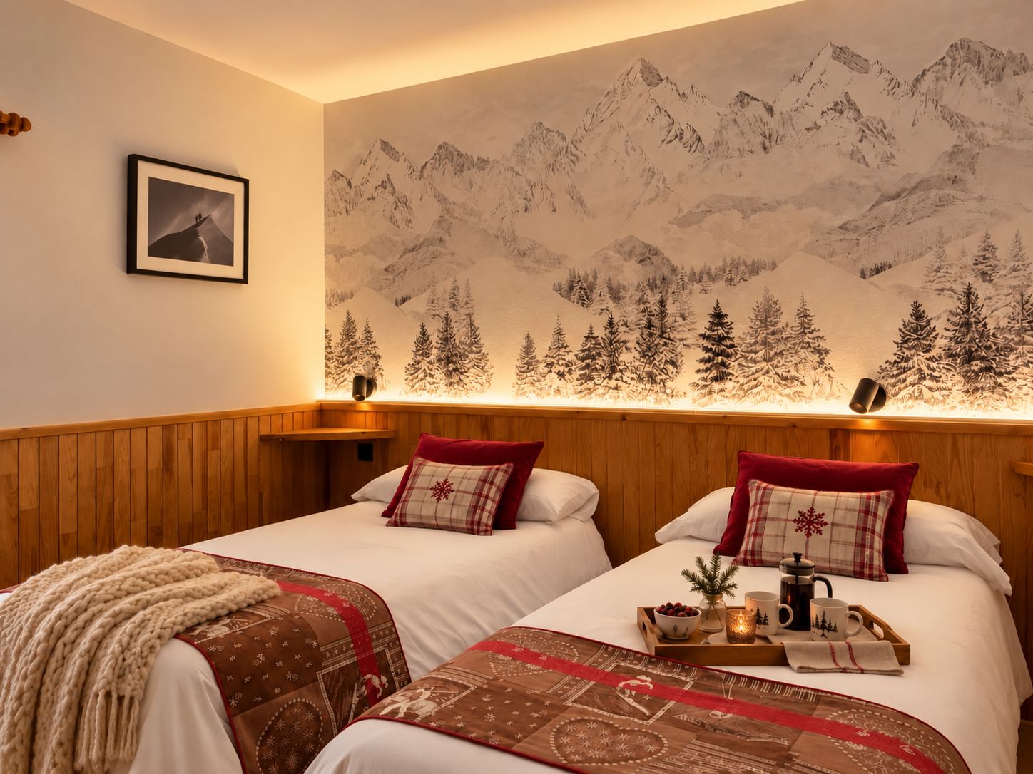 Habitación de hotel con dos camas, cabeceros de madera, un mural de montañas y una mesita de noche con una bandeja de alimentos para el desayuno.