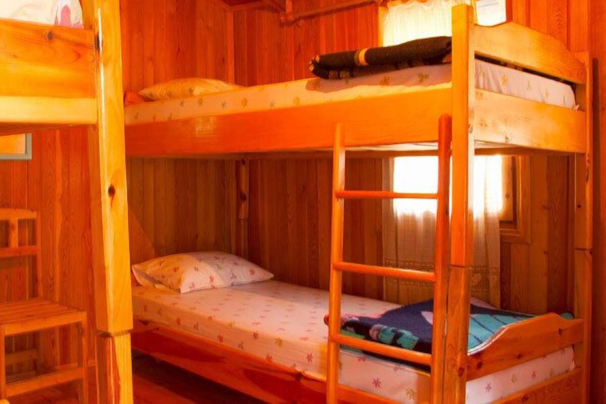 Habitación con literas, paredes de madera, una pequeña silla de madera y una ventana.