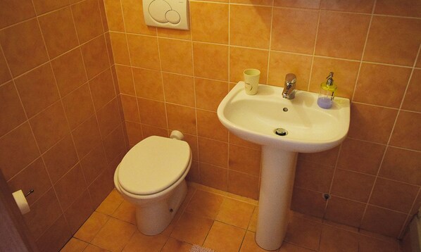 A small bathroom with a toilet and a pedestal sink.