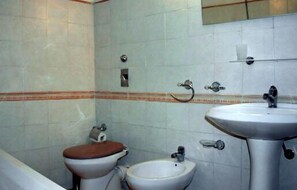 Separate bathtub and shower, hair dryer