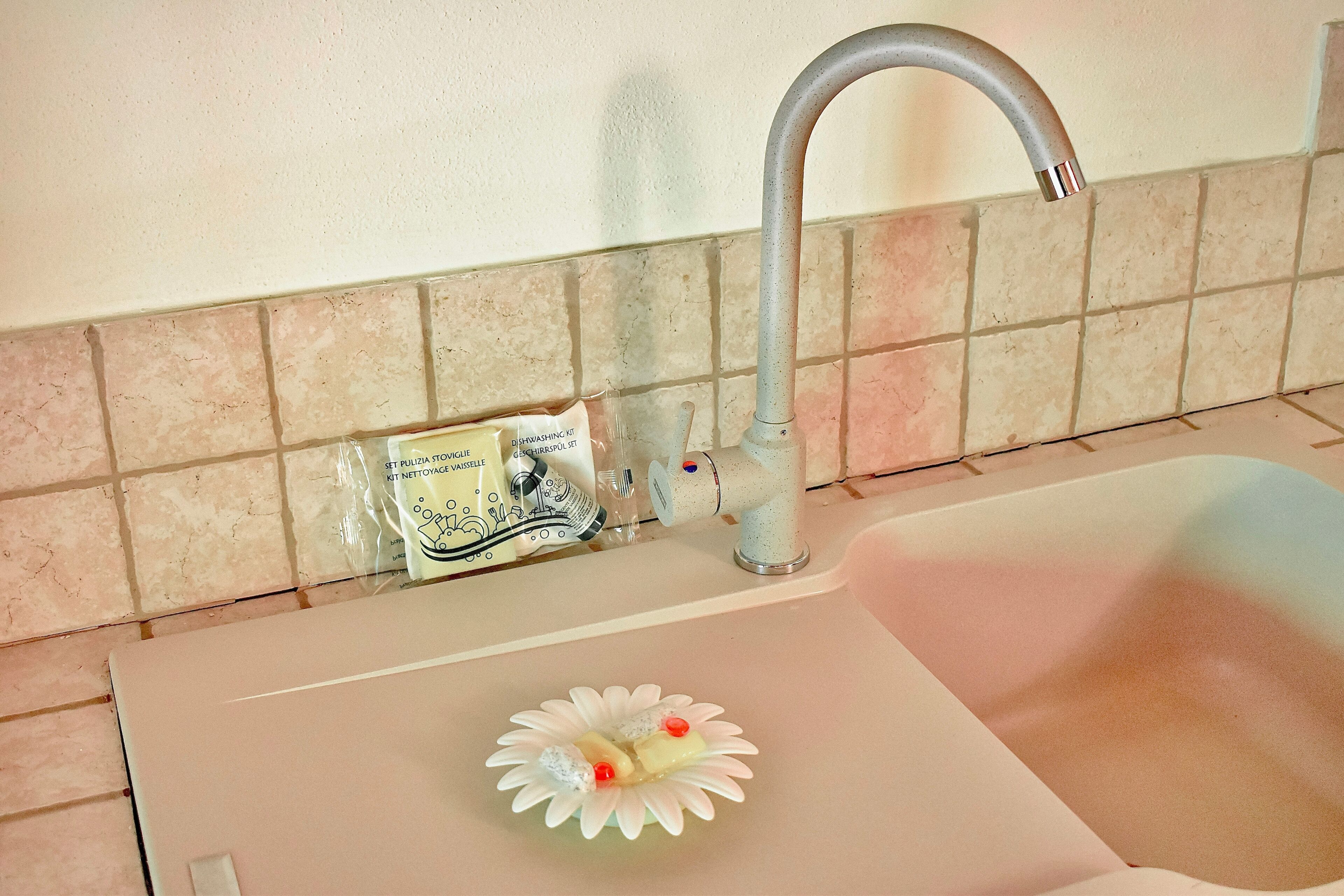 A bathroom sink with a faucet, a dishwashing kit, and a decorative flower.