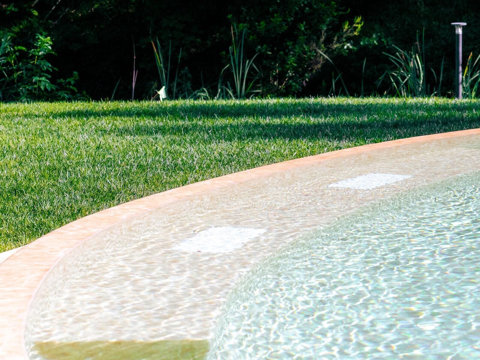A clear pool with a curved edge, surrounded by a well-maintained grassy area and dense foliage in the background.