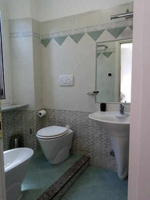 Dusch, gratis toalettartiklar, hårtork och bidé