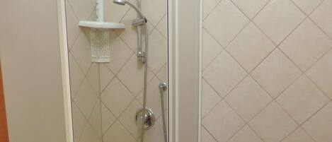 A bathroom with a shower enclosure, a toilet, and a sink.