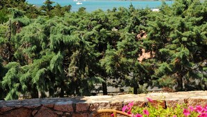 A patio with a wicker chair and a table, overlooking a mountainous landscape and a body of water. - Hotel Piccolo Golf (Arzachena)