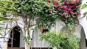 Un edificio con ventanas de arco y balcones, rodeado de abundante follaje y plantas florecientes.