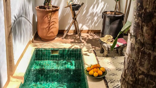 Una piscina interior pequeña con suelo de baldosas verdes, rodeada de plantas en macetas y un cuenco de naranjas.