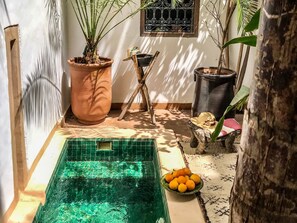 A small indoor pool with a green tiled floor, surrounded by potted plants and a bowl of oranges. - Riad Dar Zaman (Marrakech)
