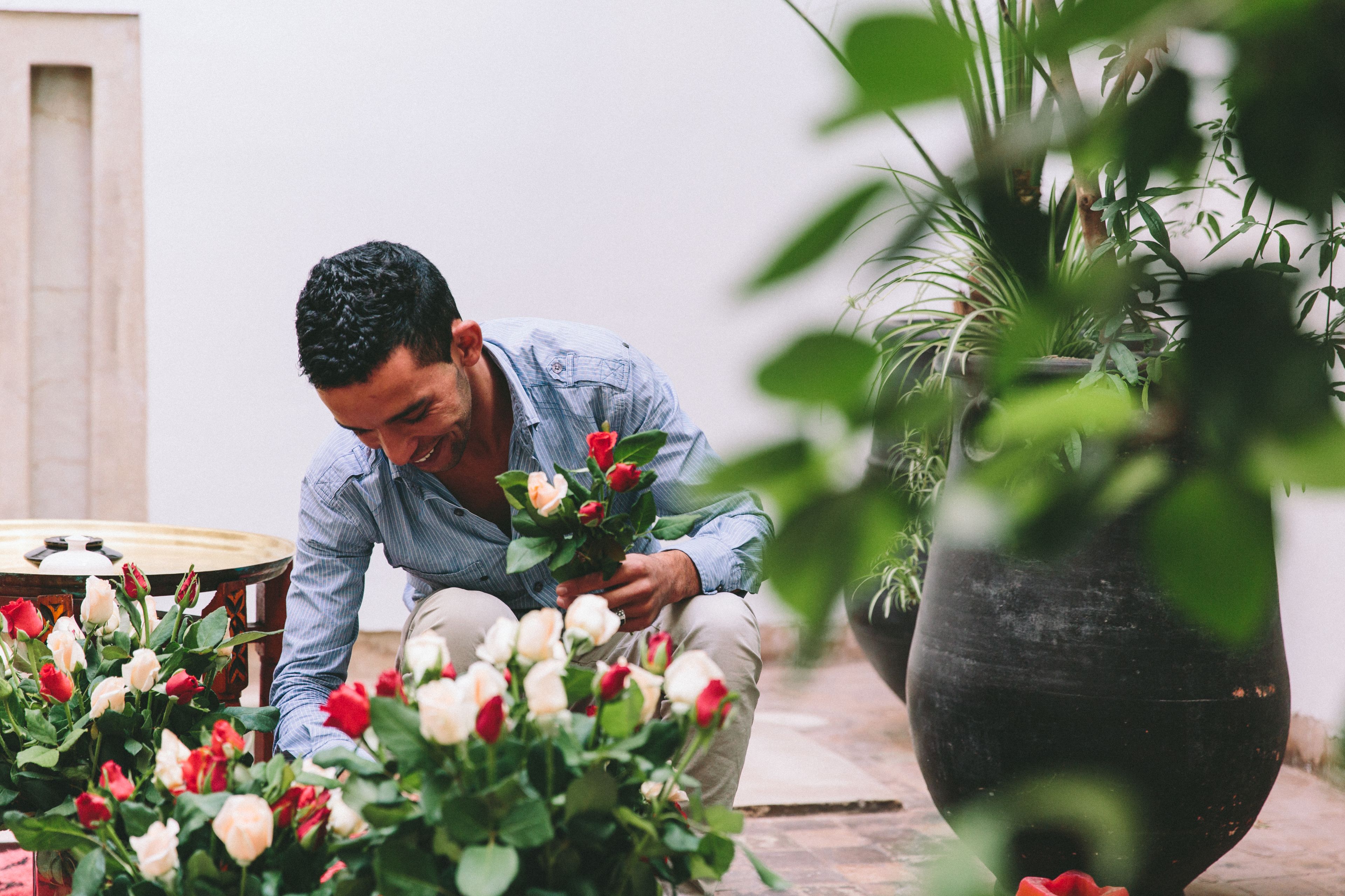 A person tending to a variety of flowers in a garden setting.