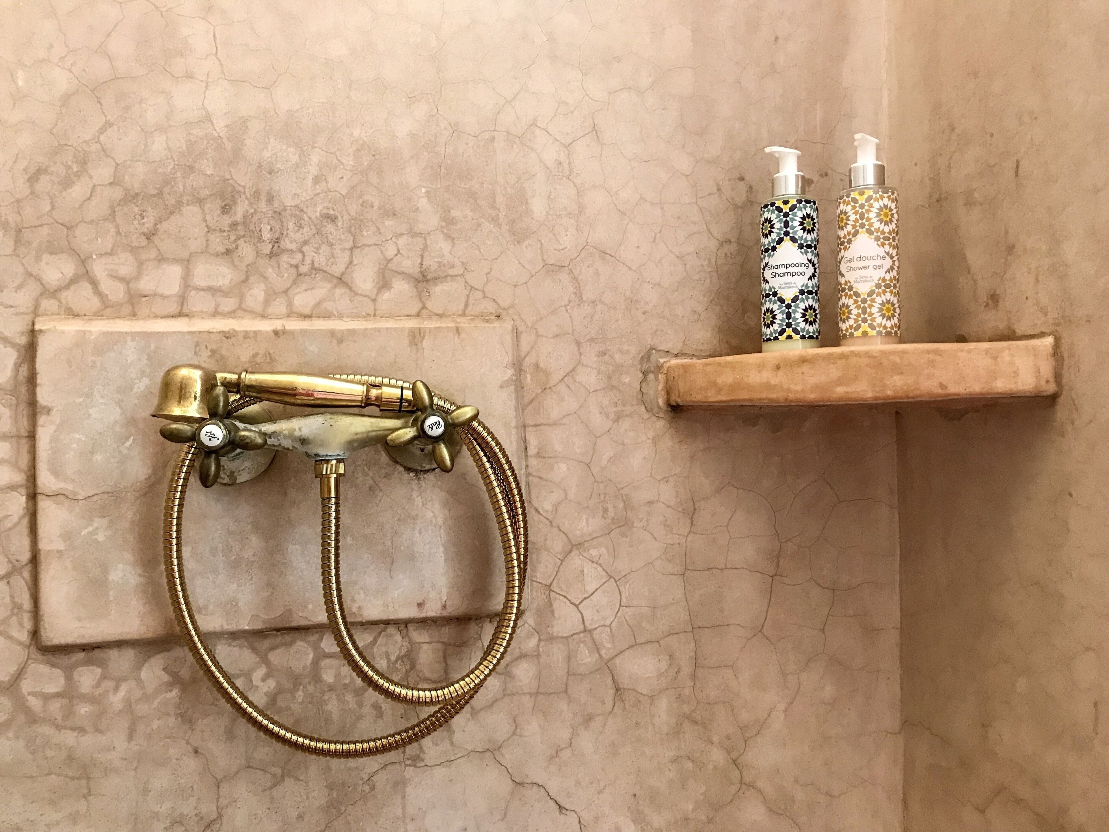 A bathroom with a vintage brass shower head, a gold shower hose, and two bottles of shampoo and shower gel on a shelf.