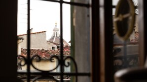 Blick durch ein Fenster mit Metallgitter, zeigt ein Gebäude mit einem Ziegeldach und einem Turm mit einer goldenen Spitze.