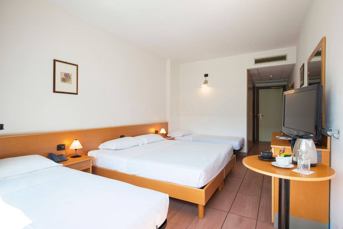 Habitación de hotel con dos camas individuales, una mesita con hervidor, televisión y un cuadro en la pared.