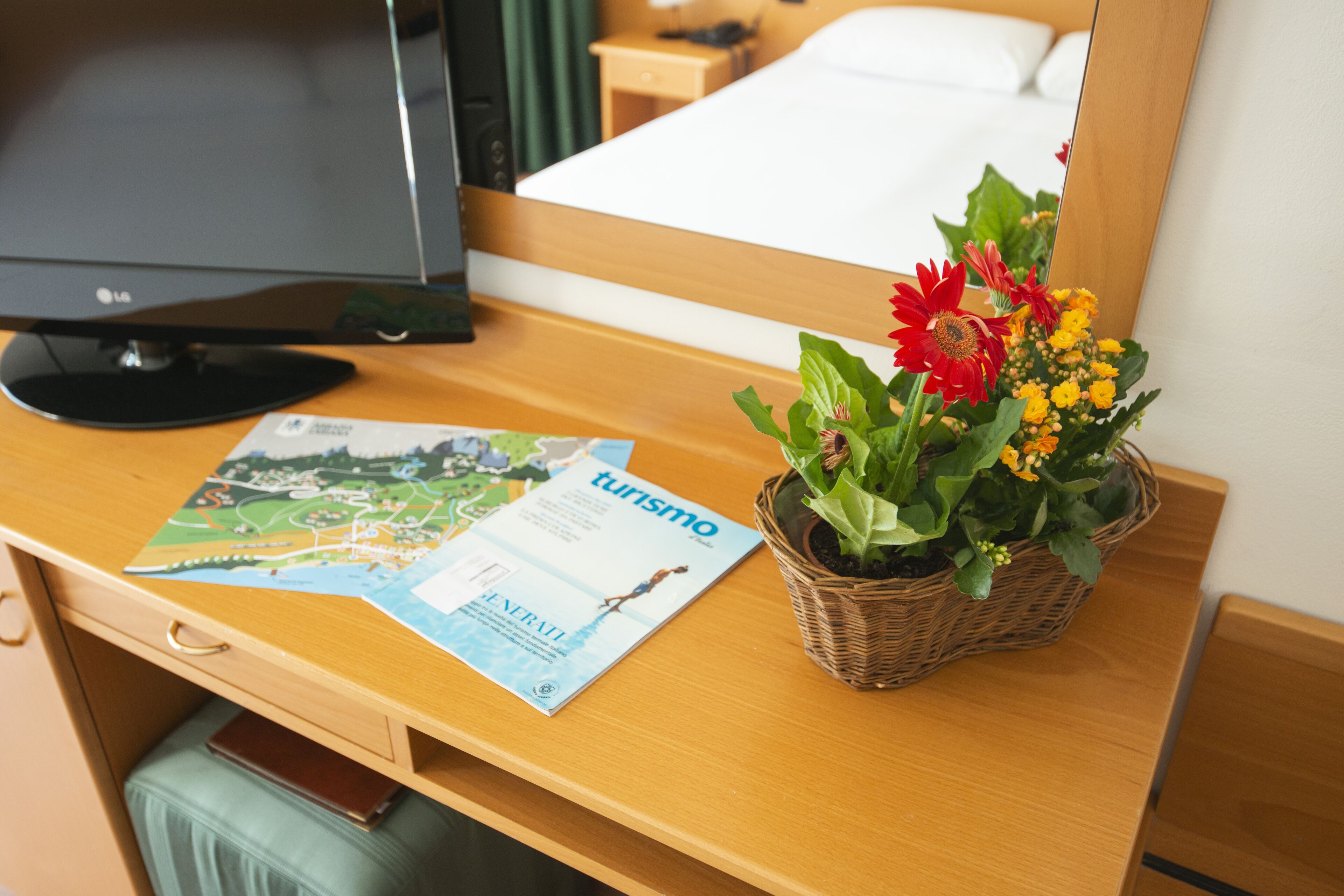 A hotel room with a wooden desk, a television, a map, and a potted plant with flowers.