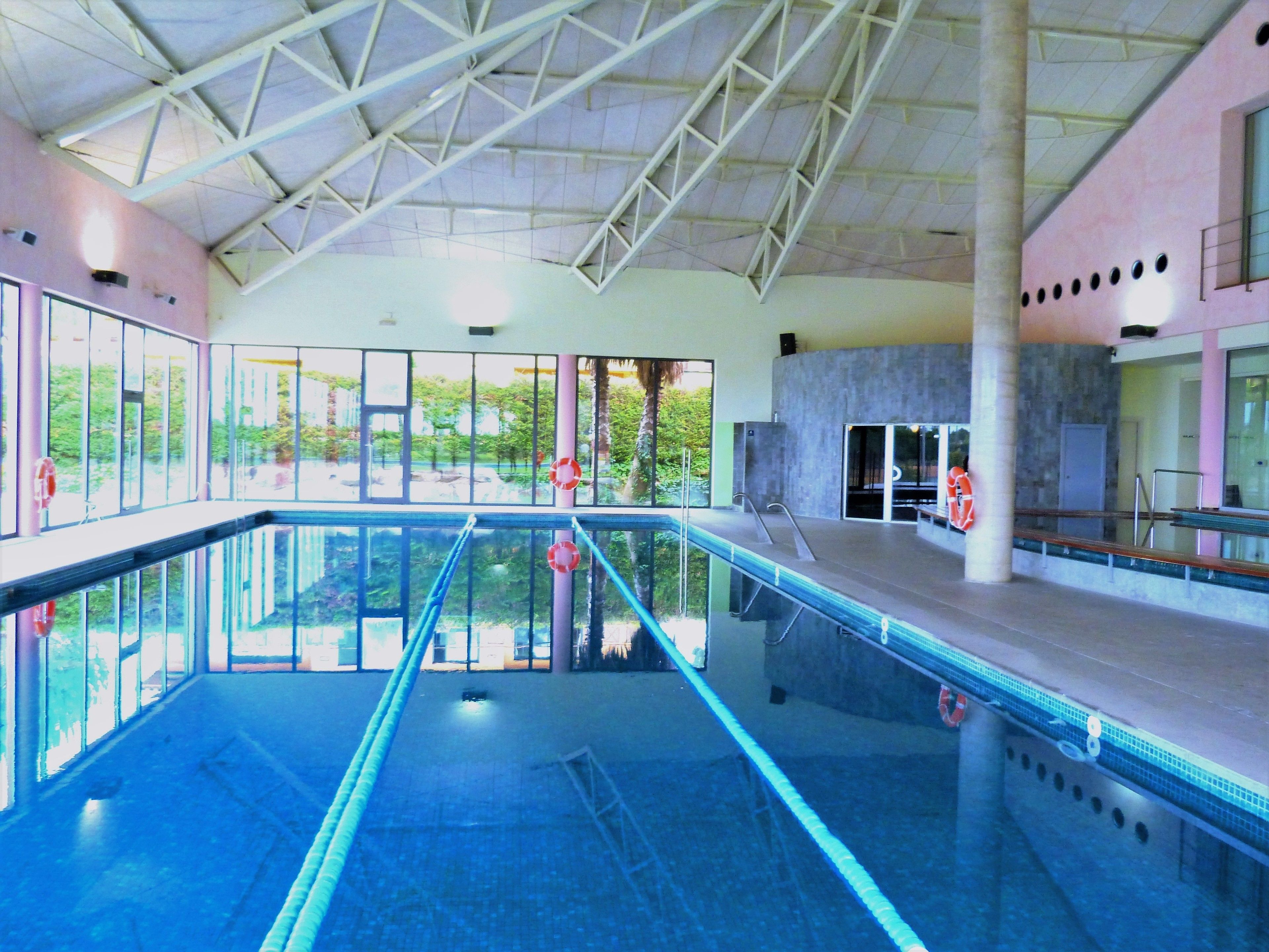 An indoor swimming pool with clear glass walls, a high ceiling with metal beams, and a view of greenery outside.
