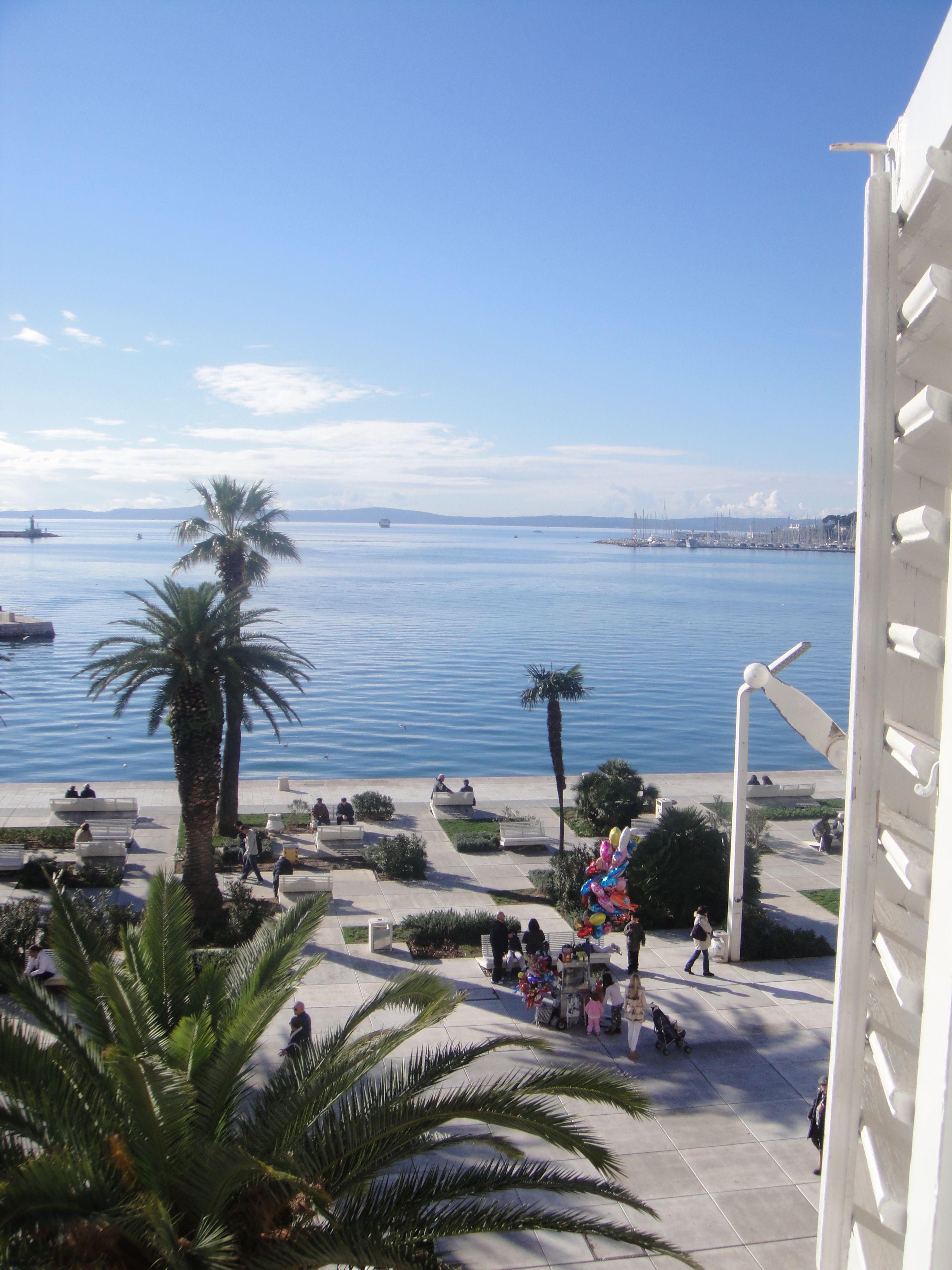 A coastal promenade with palm trees, benches, and a view of the sea.