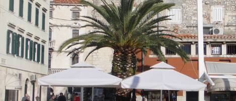 An outdoor cafe with outdoor seating, a palm tree, and stone buildings in the background.