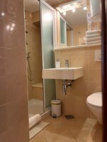 Ein modernes Badezimmer mit einer Duschkabine, einem weißen Waschbecken und einer Toilette.